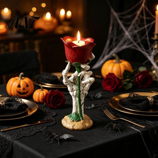 Halloween Table Ornaments Skeleton Hand Rose Candle Holder, Gothic Resin Decorative Ornament Atmospheric Trough for Home Decor, Dark Style Romantic