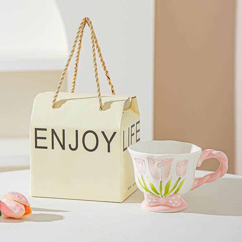 Tulip Ceramic Cup Hand Painted Relief High Looking Coffee Cup Mug Girl Heart Home Water Cup Souvenir