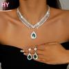 HY   Wedding Jewelry Sets Shiny Rhinestone Tassel Earrings V-shaped Waterdrop Pendant Necklaces for Women Set