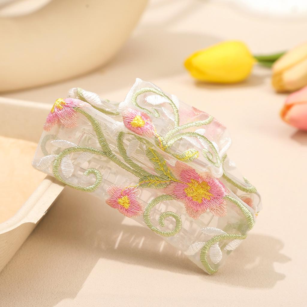 AWAYTR Elegant Tulle Embroidery Hair Claws Fabric Flower Hair Clips Crab For Women Girl Gift Hair Accessories Valentine Headwear