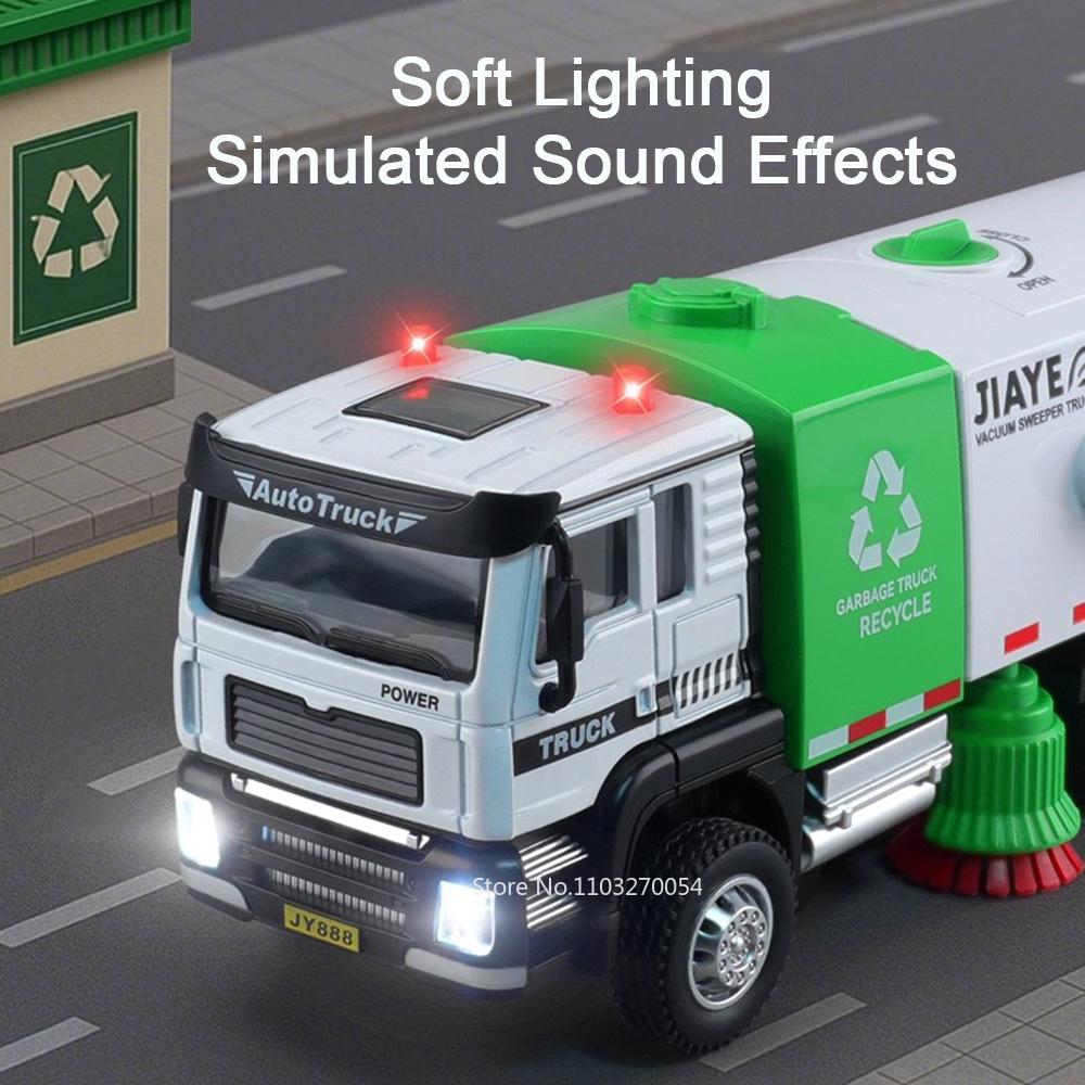 1:50 Alloy Sweeper Sanitation Truck Miniature Model Toys Car with Sound Light Wheel Sliding Engineering Vehicle Kid's Puzzle Toy