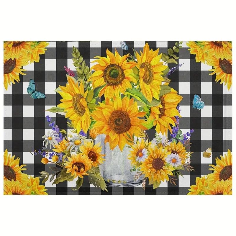 1PC  Sunflower Linen Placemats Are Heat-resistant Grid Pattern Is Very Suitable for Kitchen and Dining Table Decoration