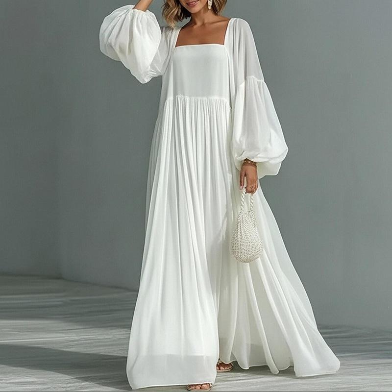 Women's Clothing, New Spring Models In Europe and America, Square Neck Lantern Sleeves, Casual Style Swinging Long Dress, Dress.