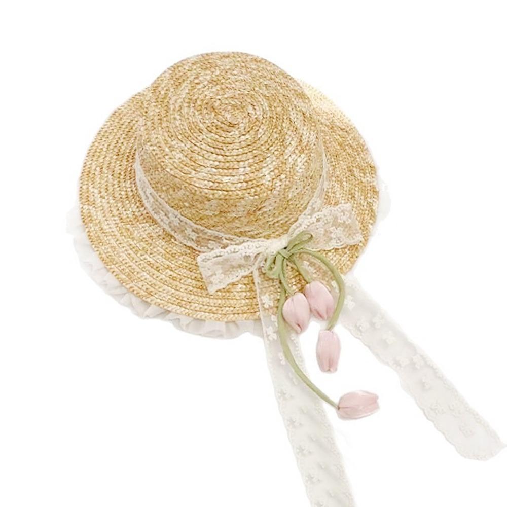 Sweet Lightweight Straw Hat Lace Bow Woven Straw Sun Hat Flat Top Breathable Beach Hat Summer