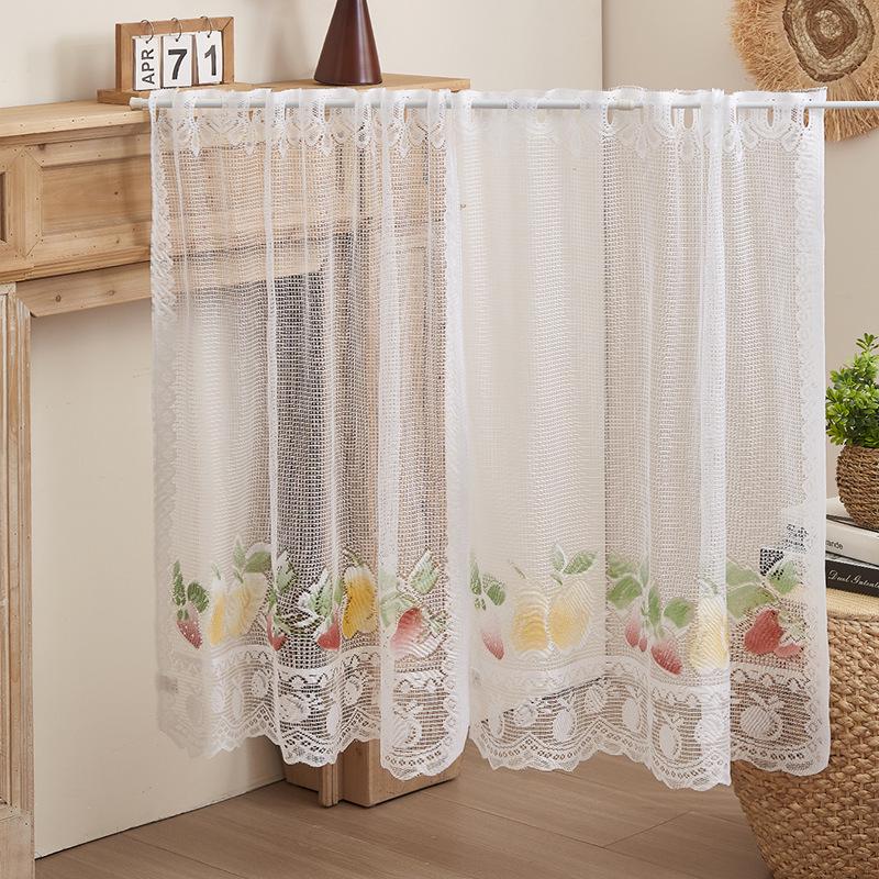 European Style Fruit Print Lace Curtains - White, Knitted, Half Length, Dustproof for Kitchen Doors and Cupboards