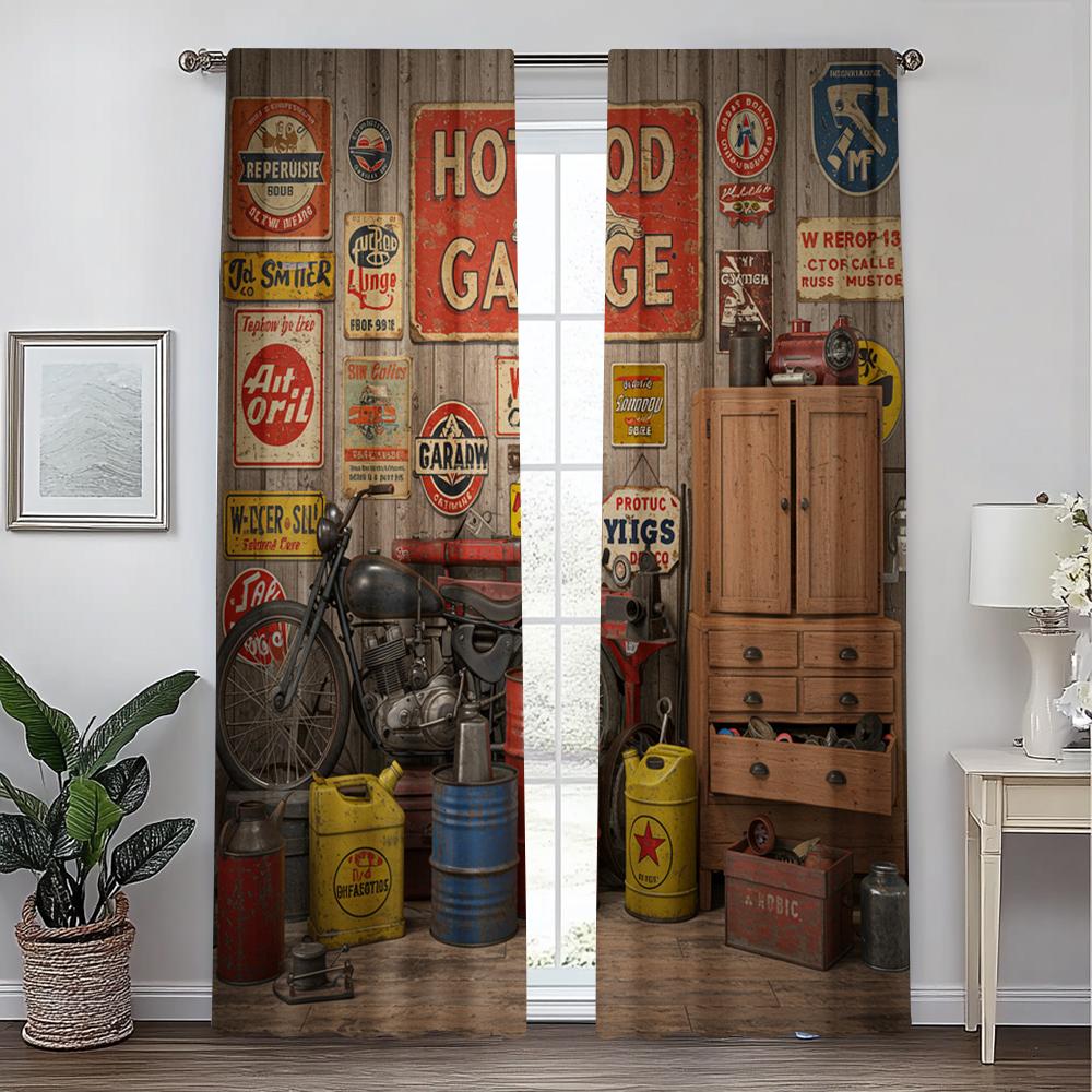 2pc, Party Window Curtains Family garage car repair shop Machine Washable Fabric,Without Electricity Birthday Party Applies to