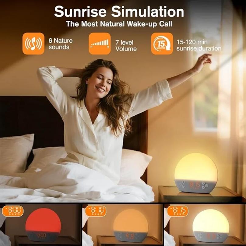Digital Sunrise Alarm Clock Wake Up Light White Noise Machine Bluetooth Speaker Dimmable Novelty Lamp for Sleep Aid Perfect Gift