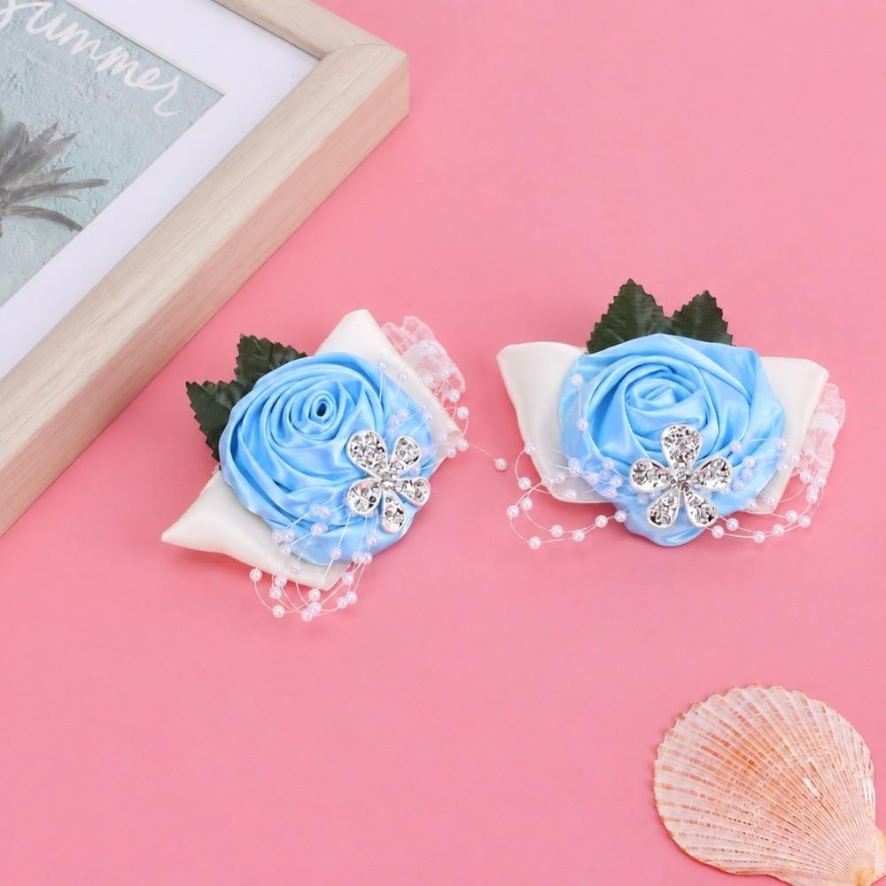 2pcs Rose Red Hand Flower Pearl Rhinestone Wedding Corsage Bridal Wrist Flower For Bridal Party