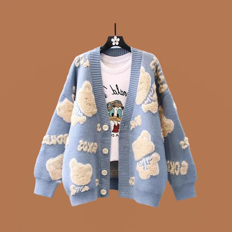 

Мультяшный свитер-куртка с медведем женский осенне-зимний новый свободный ленивый ветер верхняя одежда вязаный кардиган One Size синий