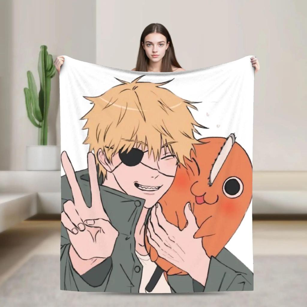 Soft Warm Blanket for Students Denji and Pochita Chainsaw Man Design Flannel Throw Blanket for Sofa Bed Chair Cover