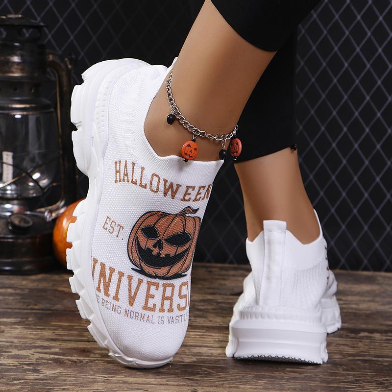 Halloween Style Platform Sneakers Women Breathable Knitted Soft Sports Shoes Ladies Comfort Flat Heels Non-Slip Casual Shoes