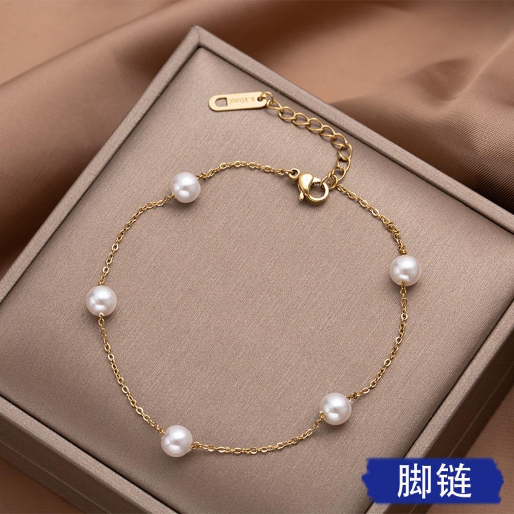 Exquisite Simple Imitation Pearl Stacked Anklets for Women Fashion Beach Vacation Daily Wear Birthday Gifts Zircon Accessories