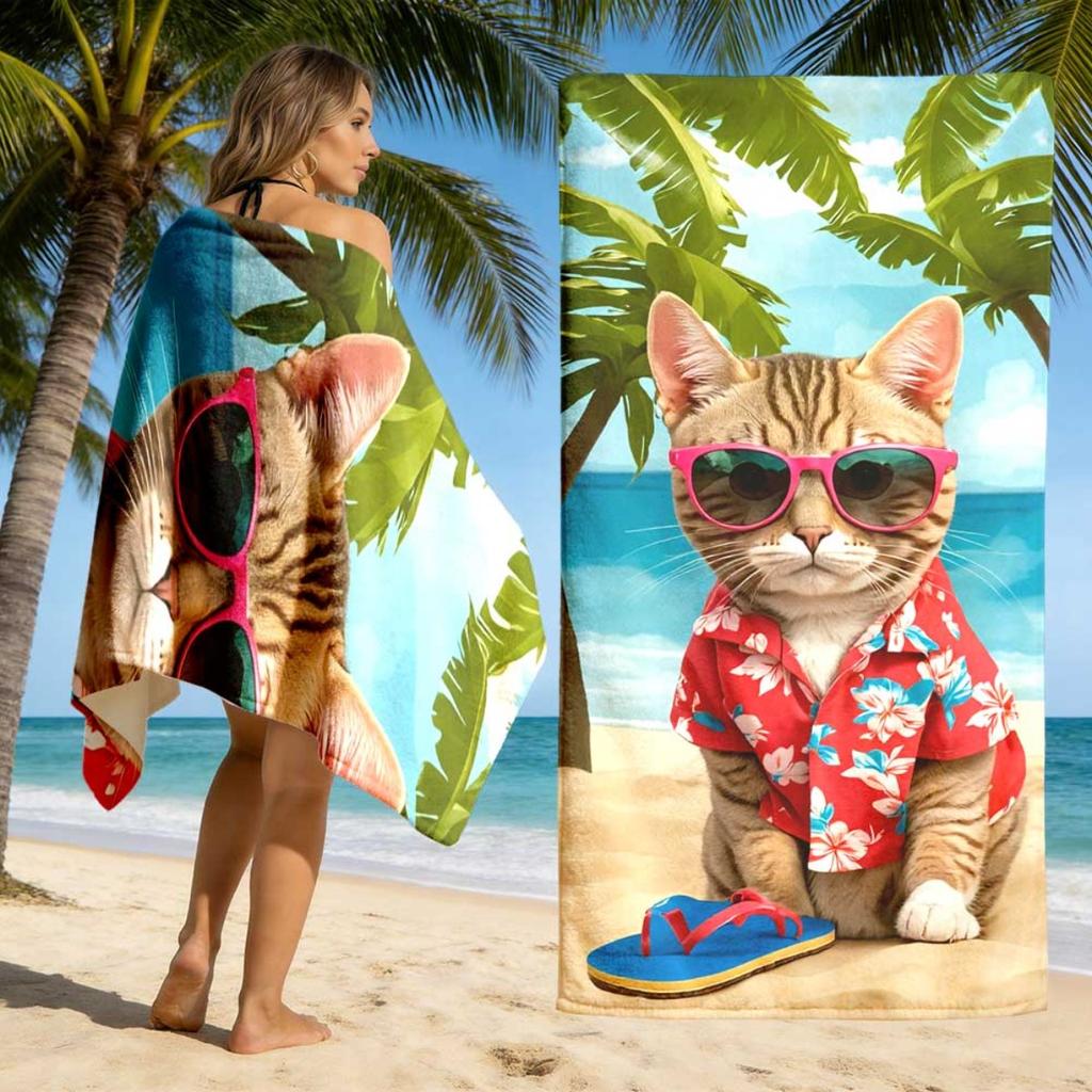 Cat Print Hawaiian Beach Towel Unisex Absorbent Portable For Beach Pool Gym Camping Diving Surfing Summer Essential Gift
