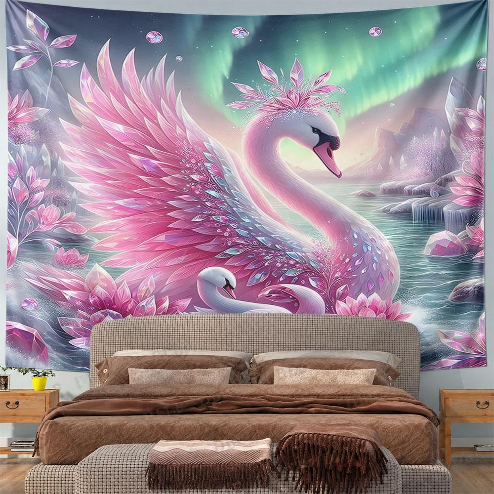Graceful Pink Swan with Crystal Feathers Pattern Wall Hanging Tapestry Decorative Tapestry Home Decor for Bedroom and Living Room