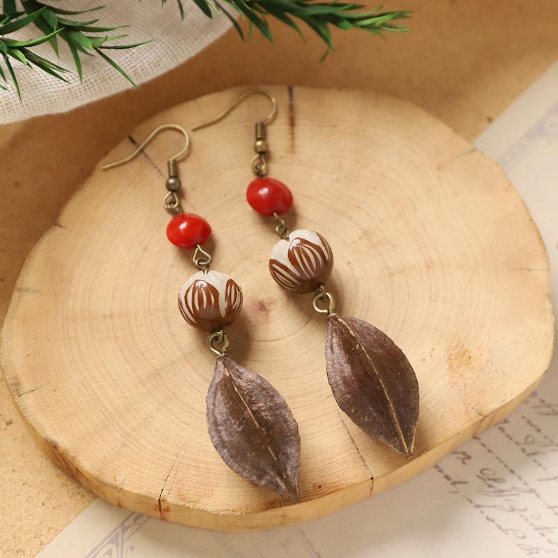 Retro Handmade Plant Fruit Earrings Pine Cone Literature and Art Chinese Medicine Dried Fruit Niche Creative Earrings Women
