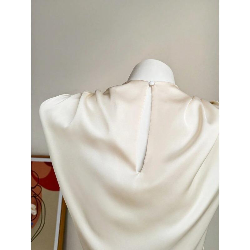 Women's Spring Summer Pleated Satin Shirt Color Ding Imitation Silk Short Shirt