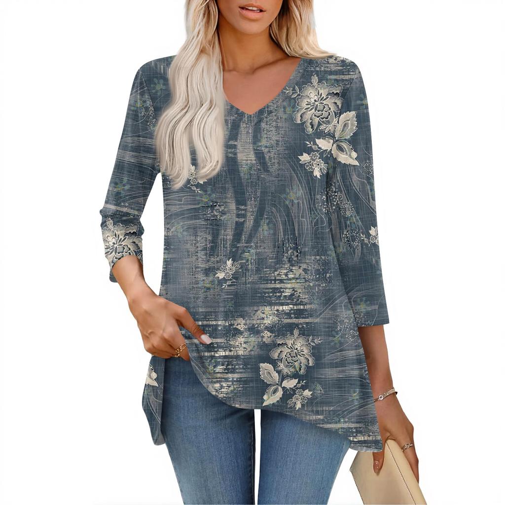 Dámské topy s výstřihem do V a 3/4 rukávem, ležérní košile střední délky, módní tuniky s potiskem