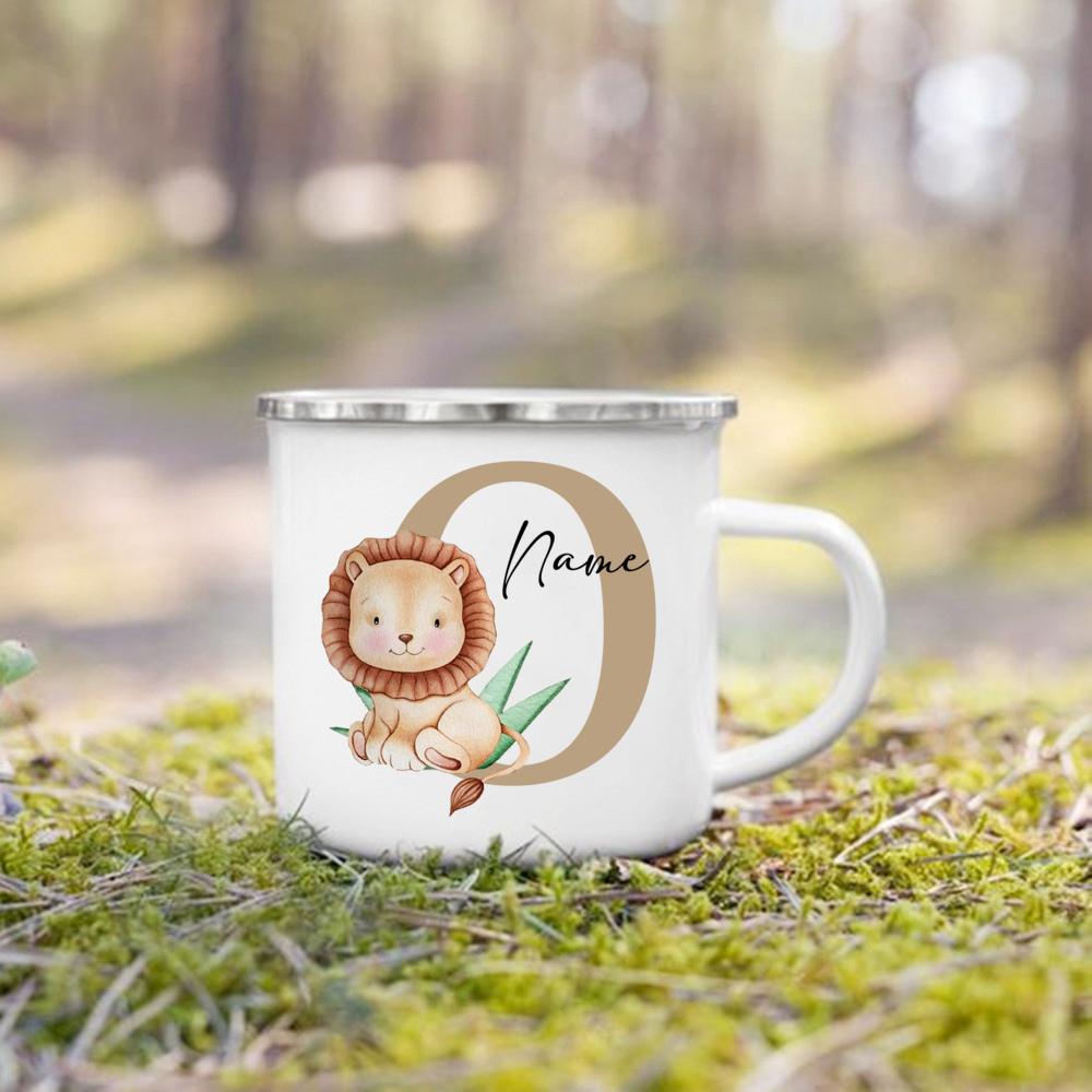 Personalized Mug for Kids Custom Deer Lion Initial with Name Cup for Boys Girls Child Handle Mugs Birthday Festive Gifts for Kid