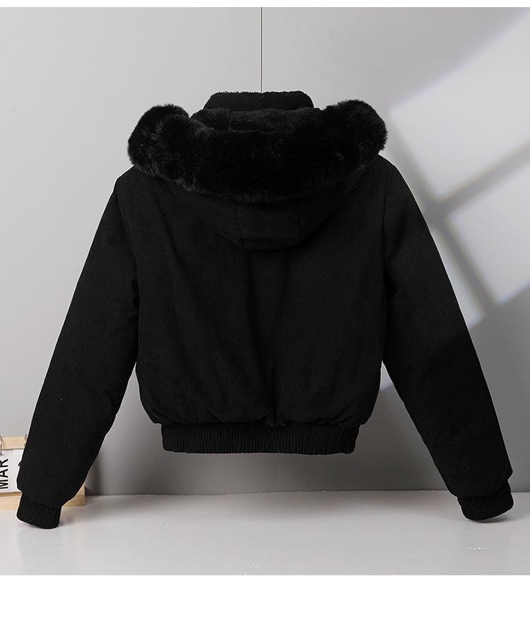 Women's Fleece-lined Cotton-padded Coat with Big Fur Collar Short Thickened Hooded Jacket