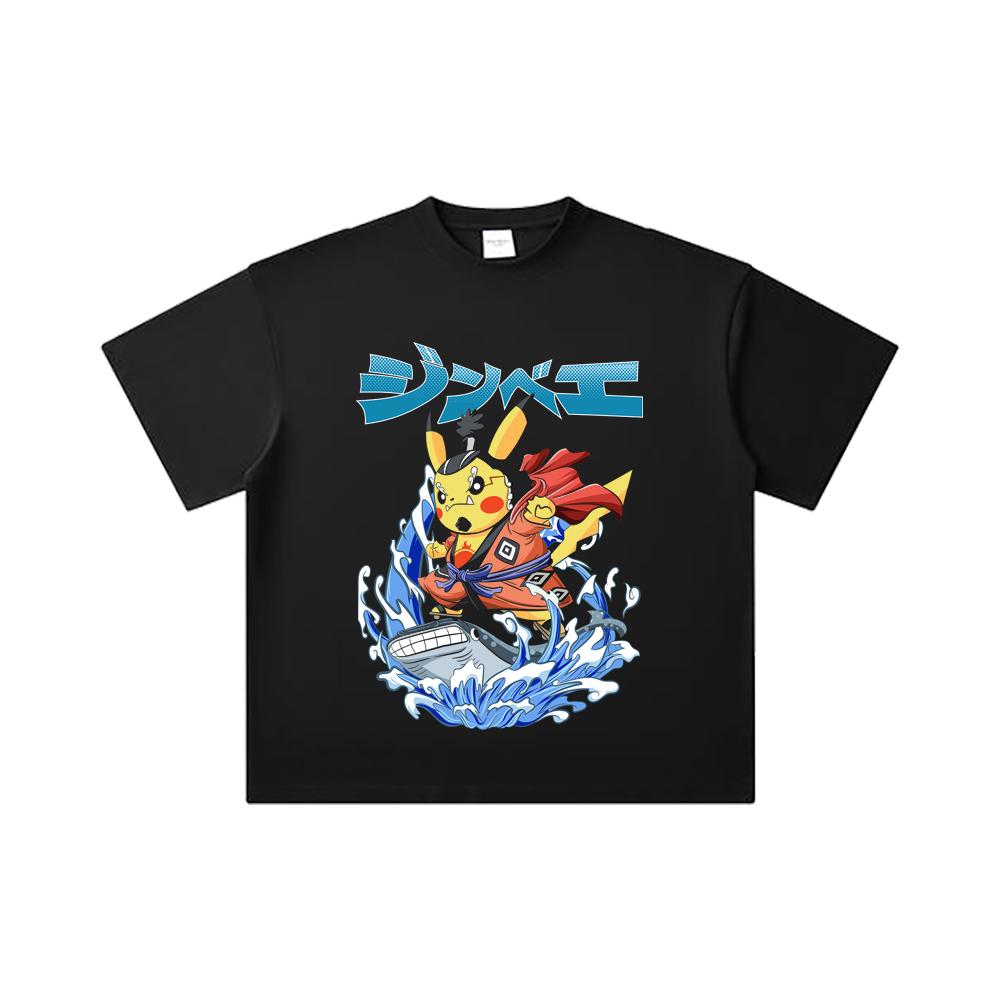 260 GSM Double Yarn 32 Count 100% Cotton Pokemon V11 Jimbei Pikachu Print Unisex Heavy Cotton T Shirt