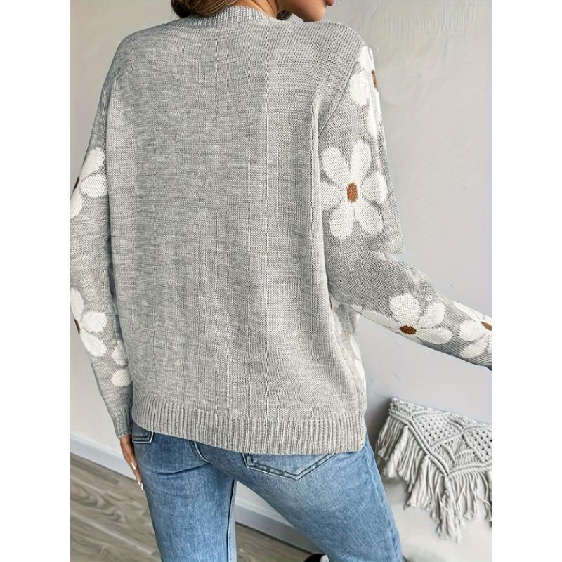 Women S V Neck Knitted Cardigan Floral Pattern Sweater Autumn Winter Outerwear