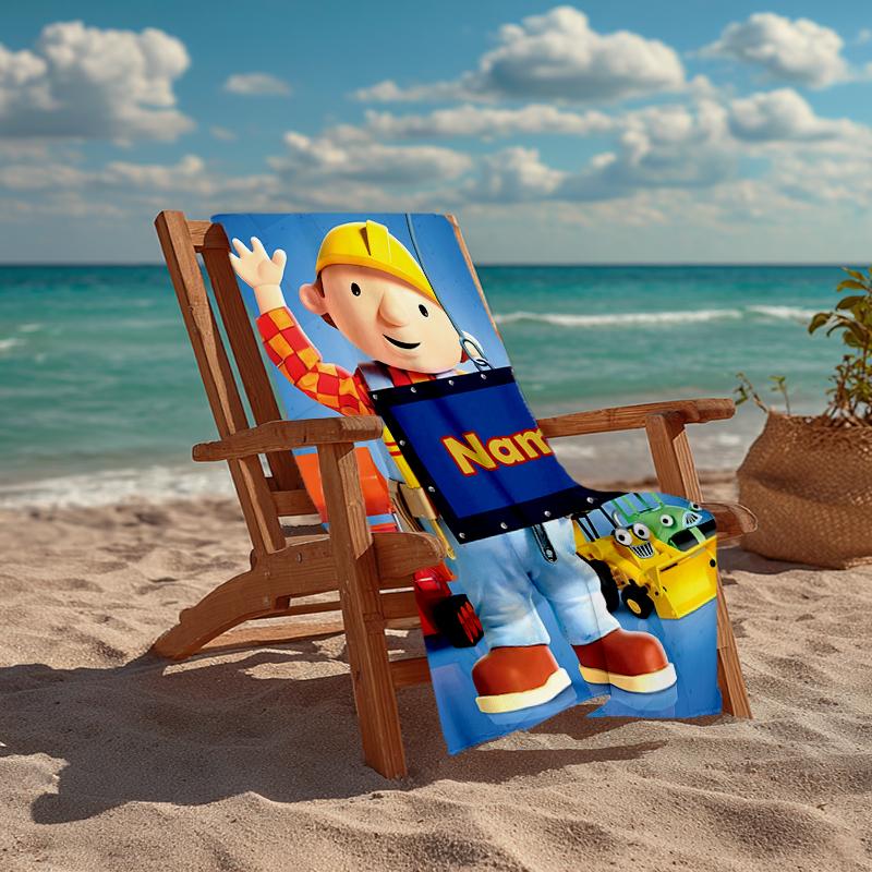 Personalisierbares, ultraweiches Strandtuch mit Bob der Baumeister-Thema, Ideal für Pool - Camping, Tauchen - Perfekter Reisebegleiter, Lebendiges Strandtuch.