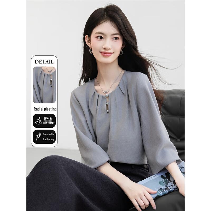 Women s French Style Pleated Lantern Sleeve Blouse M