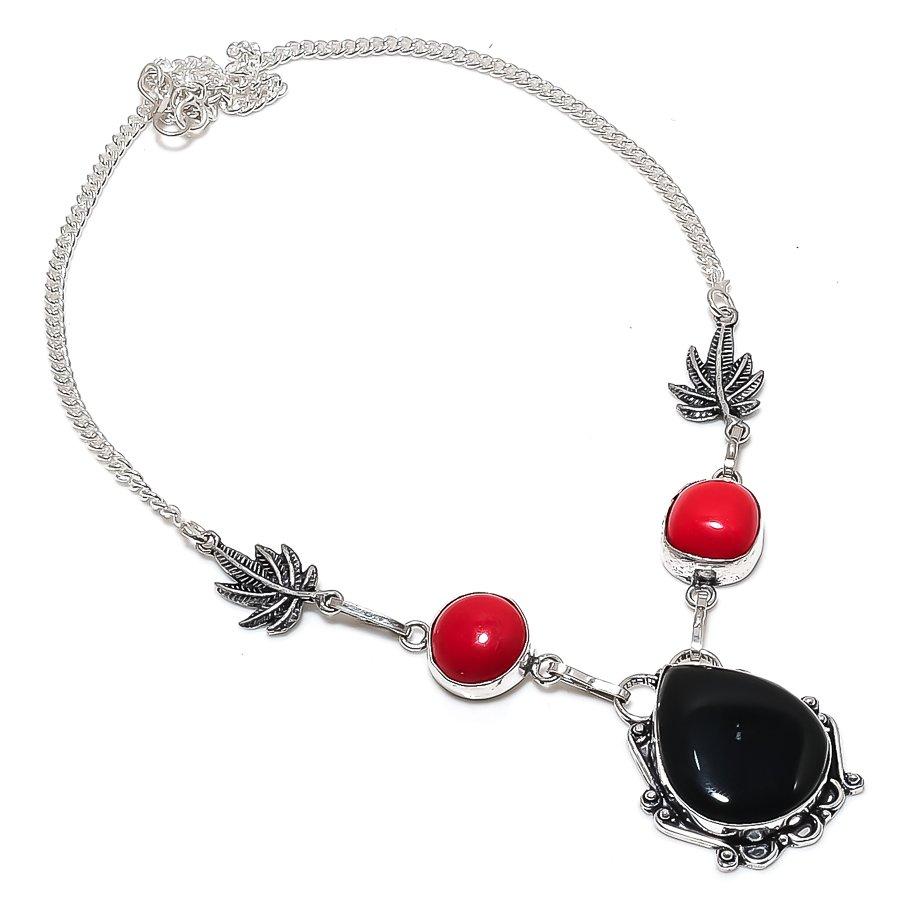 

Натуральный черный оникс, коралловый драгоценный камень 925 стерлинговое серебро ювелирное колье 18 c5S75