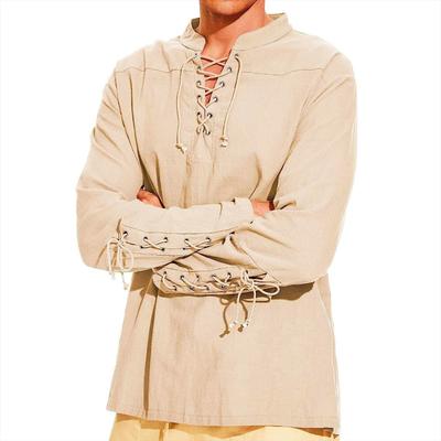 Camisas de linho masculinas manga comprida rendas até decote em v blusa casual primavera verão fina frente camisetas topos roupas masculinas respiráveis