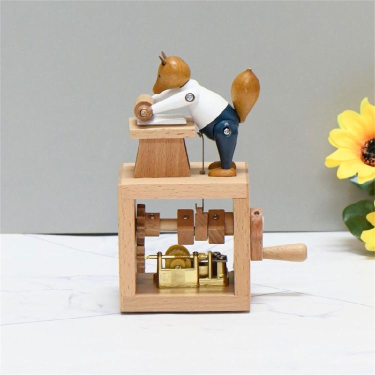 Anspruchsvolle Holz-Spieluhr mit Handkurbelwerk, Cartoon-Tierfigur, musikalisches Desktop-Ornament für Sammler