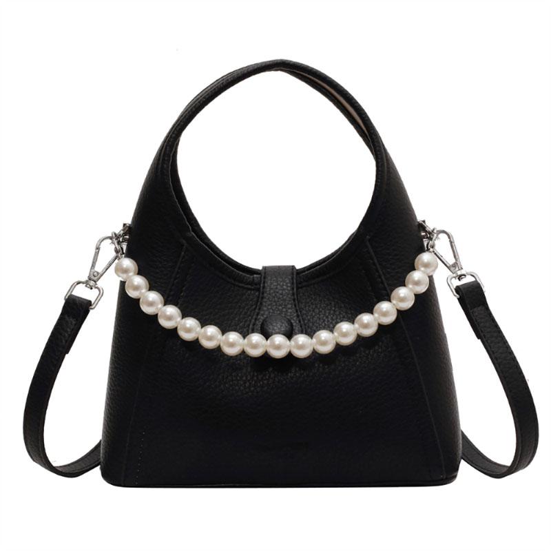 Mode Enfärgad Design PU Väska Högkvalitativ Känsla Pärlkedjor Bärbar Liten Hinkväska Dam Koreansk Version Pendlarhandväska