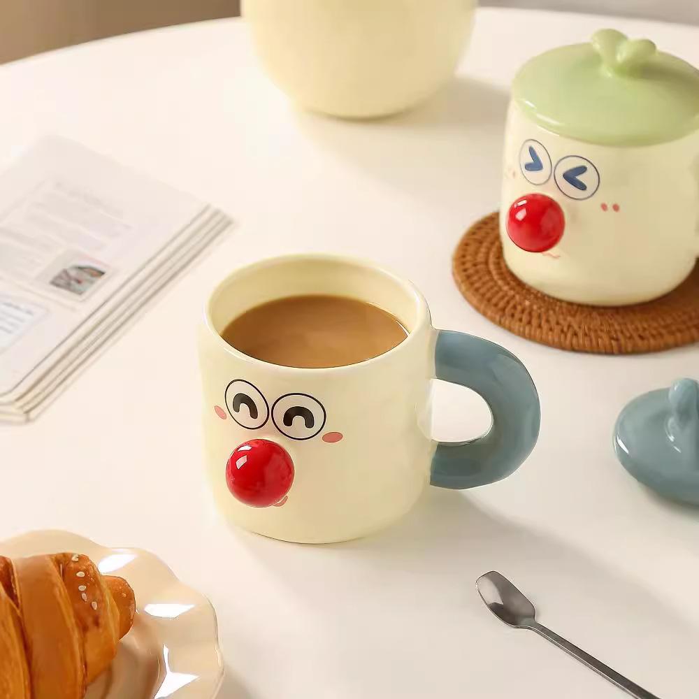 Cute Cartoon Ceramic Water Cups Couple Covered Mugs  Funny Expression Cups  Practical Gift Cups for Girls