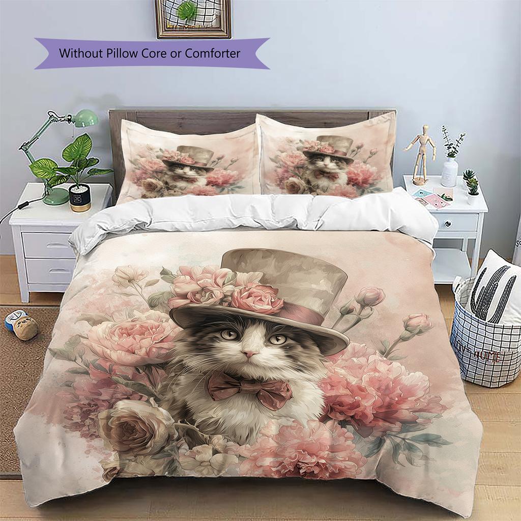 Set Copripiumino Trapuntato con Fantasia Gatto con Cappello Vintage Decorazione per la Casa Regalo (1 * copripiumino + 2 * federa, senza nucleo)