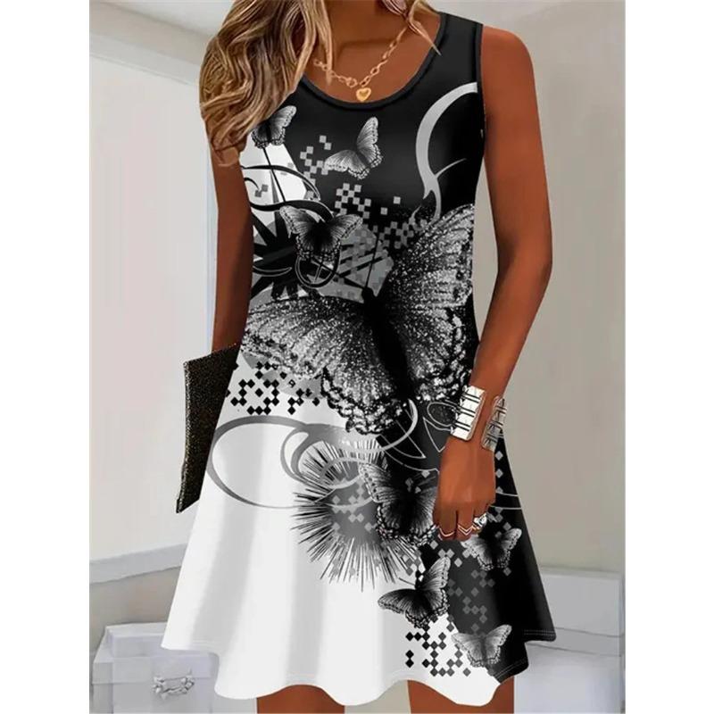 

Sleeveless Butterfly Pattern Fashion Women Mini Dresses Summer DressPrinted Street Elegant Ladies Dress Casual Dresses S