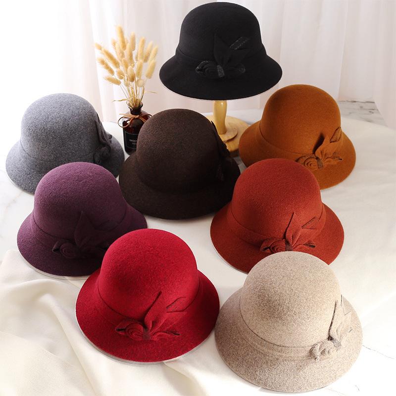 Autumn and winter new bucket hat woolen hat ladies lady hat warm bow short brim basin hat
