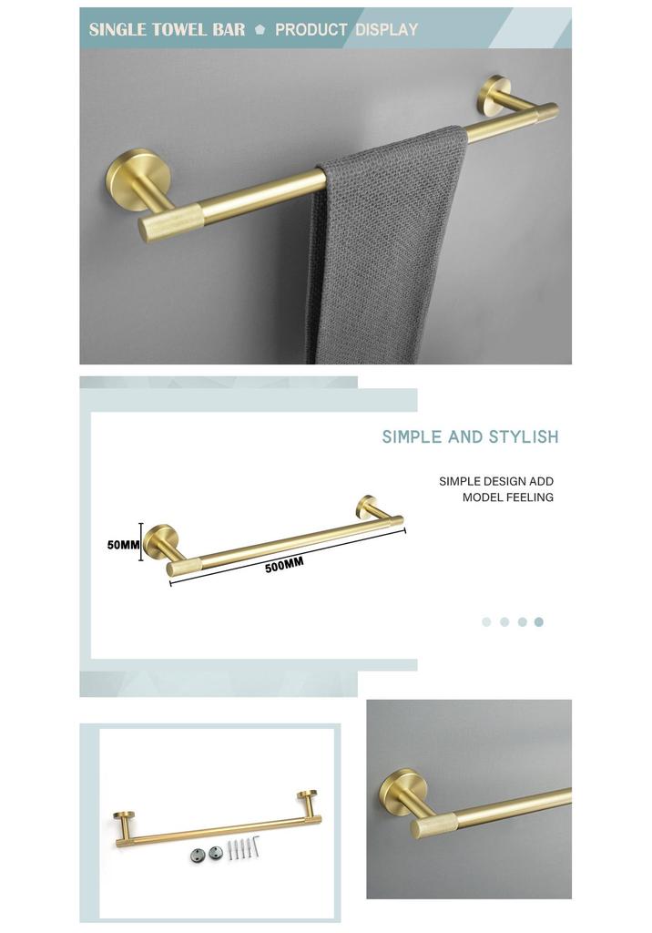 Brushed Gold 304 Stainless Steel Bathroom Set: Knurled Towel Rack, Towel Bar, Paper Holder, and Coat Hook