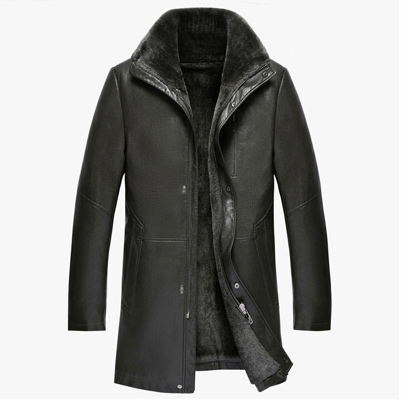 FiveFive Middle-aged Men s Leather Jacket Fur Coat Velvet and Thickening Mid-length Fur One-piece Leather Jacket for Men S