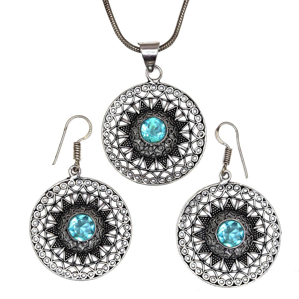 Topaz Blue Pendant Sky Earrings Set Sterling Jewelry Ring Earring