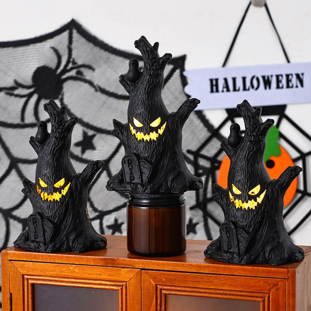 Halloween LED Baumgesicht Figur Batteriebetrieben Geistergesicht Baumstatue Gruseliger Baum Dämon Statue für Spukhaus Dekoration