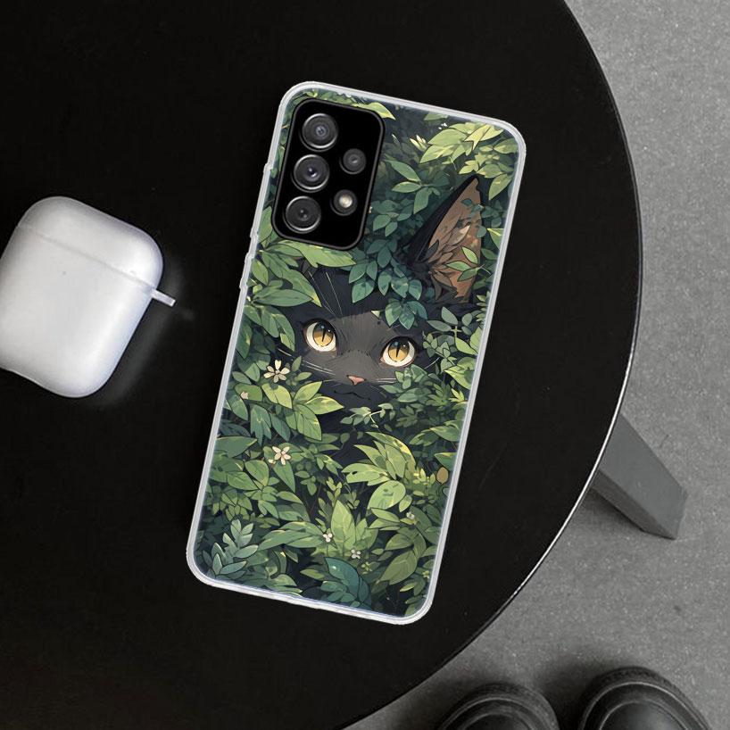 Anime Cute Black Cat Meow Phone Case for Samsung Galaxy A17 A16 A26 A36 A56 A57 A37 A15 A25 A35 A55 A14 A24 A34 A54 A13 A23 A33