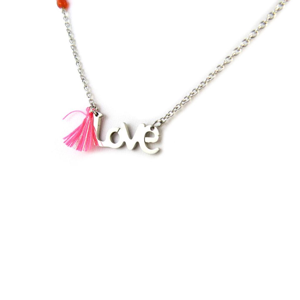 Les Trésors De Lily [N7075] - 'Love' Steel Necklace Pink Silver Gray