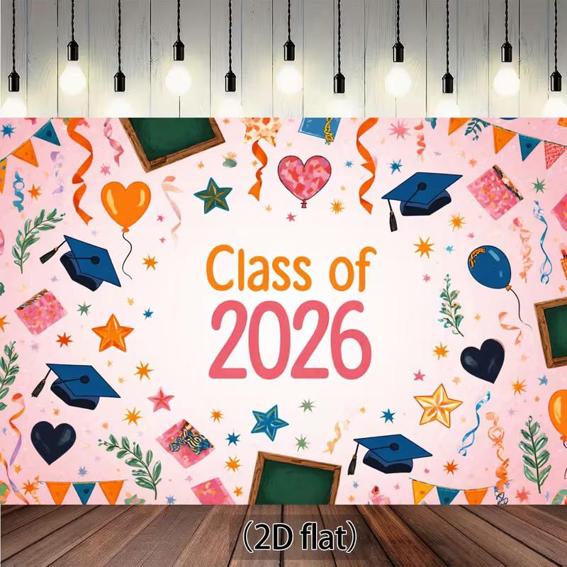 

2D Class of 2026 Grad Banner, Cute Pink Background with Stars 47.2x31.5inch/120*80cm