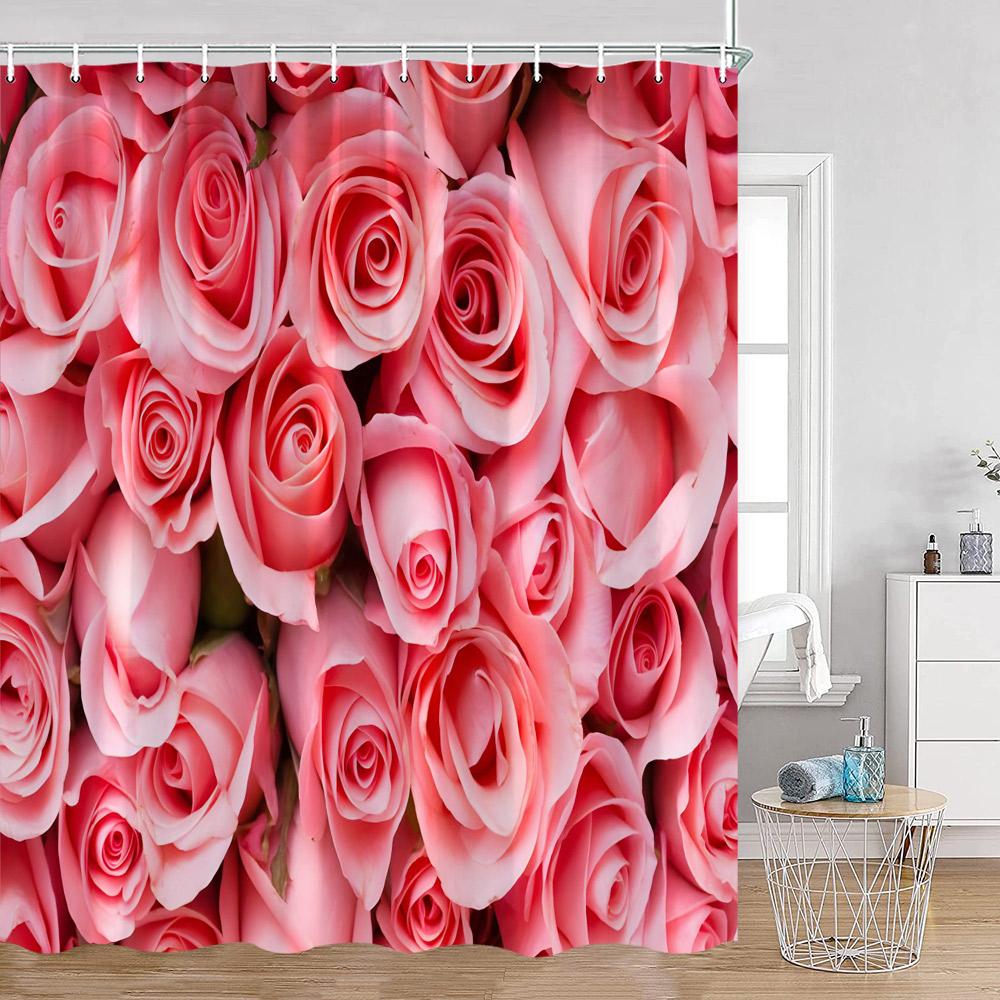 Red Roses Floral Shower Curtain Romantic Flower Plant Love Romance Bath Curtain Polyester Modern Bathroom Decoration with Hook