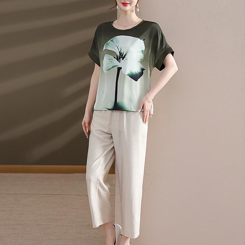 

Elegant Summer Outfit: Printed Top & Wide-Leg Pants Two-Piece Set for Middle-Aged and Elderly Women 4XL [145-160 lbs]