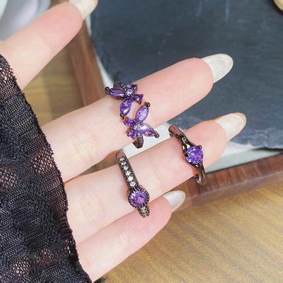 Dark Purple Diamond Zircon Colored Treasure Butterfly Opening Ring Personality Niche Punk Retro Advanced Sense Stacked Ring Woman