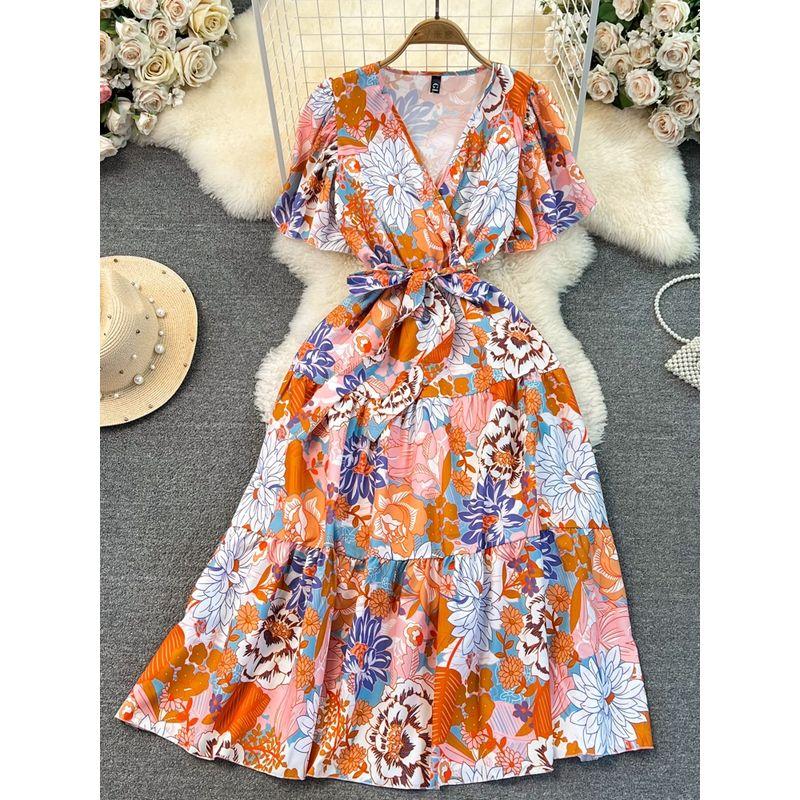 Chic South Korea Bubble V Neck A- line Dress Short Sleeve