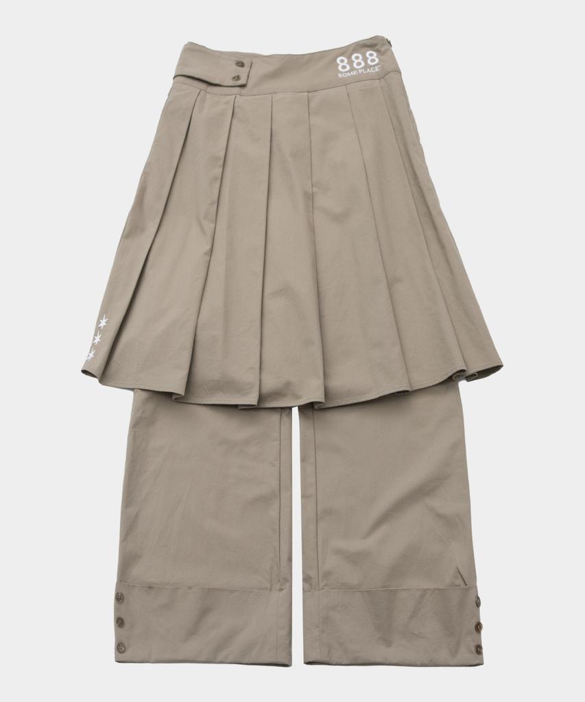 SOME PLACE 888 Pleated Midi Skirt Layered Snap Roll-Up Wide Two-Piece Set [Beige]