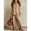 Women's Loose Fit Two Piece Pant Suit Sleeveless V Neck Linen Blend Shirt Split Wide Leg Trousers Vacation Matching Set