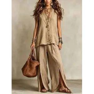 Women's Loose Fit Two Piece Pant Suit Sleeveless V Neck Linen Blend Shirt Split Wide Leg Trousers Vacation Matching Set