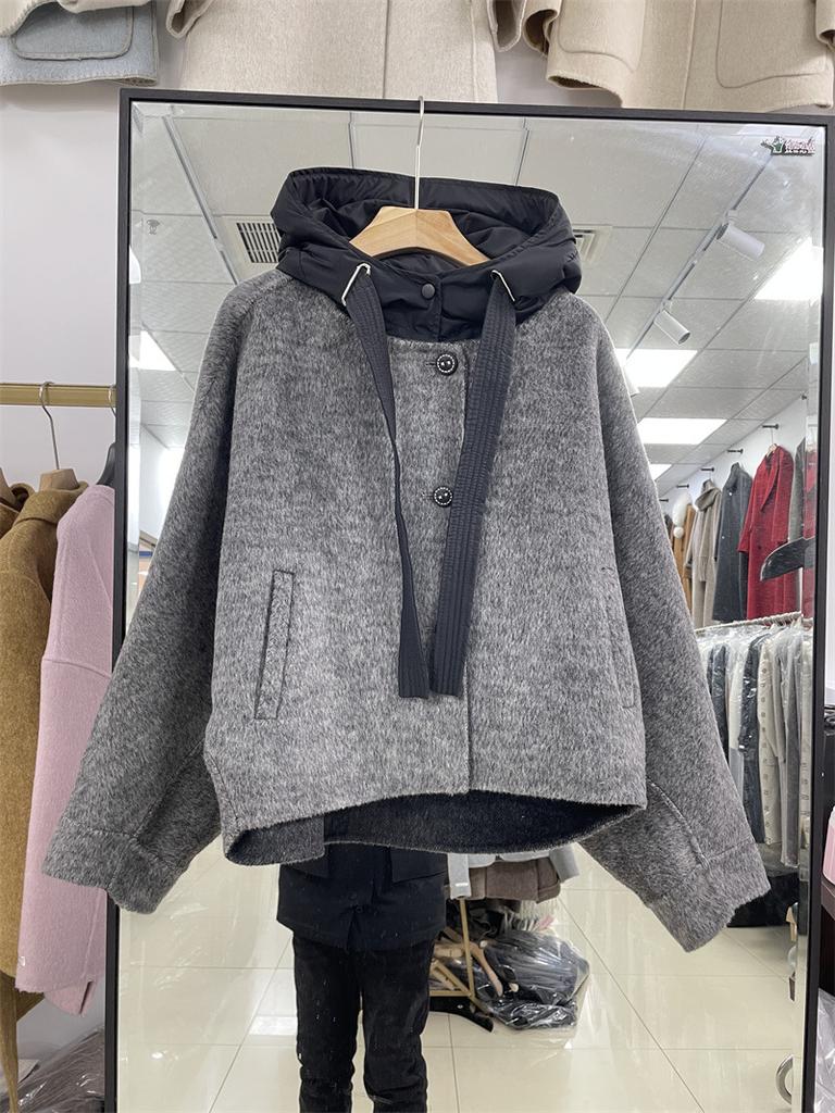 Весняно-осіння нова вовняна куртка Двостороння вовняна куртка З капюшоном Рукав "летюча миша" Коротка куртка з капюшоном Жіноча